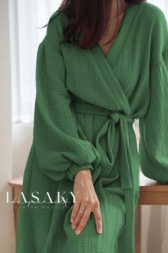 Lasaky - Stylish and Comfortable Pure Color Open-Front Robe featuring Double-Layered Cotton Fabric, perfect for Luxurious and Relaxing Home Attire Spring Loungewear, Sleeping Gown, Elegant Summer Dresses, Nightgown Sets, Elegant Party Dresses, Night Dress For Women, Women's Robe, Sleepwear Sets, Long Summer Dresses