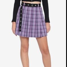 Hot Topic Purple Plaid Pleated Grommet Belt Skirt Size Xl New With Tags Casual Purple Mini Skirt For Fall, Edgy Fitted Purple Bottoms, Fitted Edgy Purple Bottoms, Trendy Purple Skirt For Fall, Casual Purple Skirt For Fall, Trendy Purple Mini Skirt, Skirts Hot, Grommet Belt, Belt Skirt