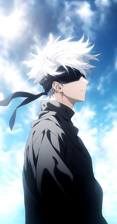 a man with white hair standing in front of a blue sky and cloud filled sky