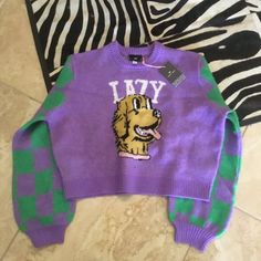 Lazy Oaf Stretch Knit Dog Print Sold Out Sweater Size Xl Brand New Oversized Fit To 2x Trendy Purple Sweater For Streetwear, Trendy Purple Crew Neck Sweater, Lazy Oaf, Dog Print, Green And Purple, Oversized Fits, Sweater Sizes, Scoop Neck, Sweaters For Women