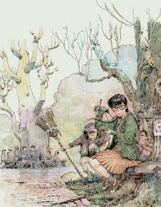 a drawing of a woman sitting on top of a tree next to a man holding a broom