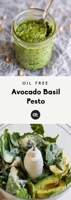 avocado basil pest in a glass jar on top of a plate