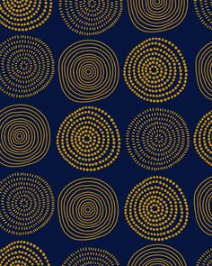 an abstract pattern in gold on a dark blue background, with circles and dots that appear to be interlocked into one another