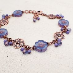 Lavender and Blue Translucent Czech Glass Flower Beaded Bracelet With Antiqued Copper Connectors - Etsy Czech Flower Bead Jewelry, Jewelry Pricing, Flower Beaded Bracelet, Czech Beads Jewelry, Czech Glass Bead Bracelet, Czech Glass Jewelry, Seashell Earrings, Bracelets Design, Scarf Accessories