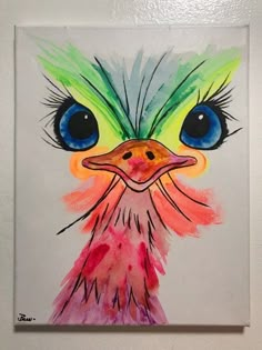 a painting of a colorful bird with big blue eyes