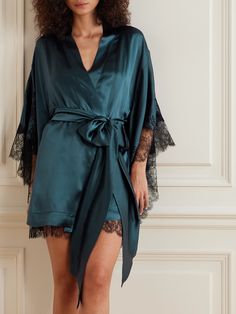 Carine Gilson Robe, Carine Gilson Nightgown, Luxury Satin Robe For Daywear, Elegant Robe With Lace Cuffs, Fitted Satin Robe With Lace Trim, Spring Satin Robe With Lace Trim, Elegant Lace Trim Kimono For Wedding Night, Lace Wedding Kimono With Kimono Sleeves, Elegant Long Sleeve Kimono With Lace Trim