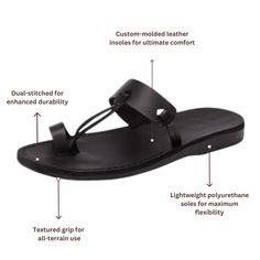 The David men's toe loop sandal is a contemporary take on minimalism. Slip your feet into this open-back flip flop with its sleek silhouette and free yourself from life's complexities. Sturdy arch strap and toe loop provide support. Vegetable tanned leather upper sole shapes to your foot with each step. Water-resistant sandals soften and acquire patina over time, perfect for office strides. Our master Artisans create each Jerusalem Sandal with a customized touch, providing unparalleled quality n Modern Black Toe Loop Sandals, Adjustable T-strap Sandals With Rubber Sole, Black Toe Ring Sandals With Leather Footbed, Black Toe Ring Sandals With Heel Loop, Adjustable Black Toe Ring Sandals With Single Toe Strap, Modern Adjustable Toe Loop Sandals, Modern Adjustable Toe Post Sandals, Black Adjustable T-strap Sandals With Toe Loop, Adjustable Black Toe Ring Sandals