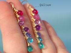 "THE JEWELRY IS SHIPPED via DHL EXPRESS (2-5 days delivery door to door). THE DHL SHIPPING COST IS INCLUDED IN THE PRICE. The Miracle Earrings - Multi Gemstone Pink Purple Blue Drop Earrings, Linear Gemstone Earrings ► Measurements / Details: - Length of the earrings including earwires: 2.2\" (~5.6 cm) - Gold: High quality 14K Gold Filled - Silver: High quality Sterling Silver ► Gemstones: The Earrings include excellent AAA quality gemstones, superbly faceted and vibrant: ~ Apatite drops ~ Swiss Multicolor Earrings With Gemstone Accents, Perfect As A Gift, Multicolor Gemstone Long Drop Earrings, Multicolor Long Drop Gemstone Earrings, Long Drop Multi-stone Earrings For Gift, Elegant Rainbow Dangle Jewelry, Multicolor Drop Jewelry With Matching Earrings, Elegant Rainbow Jewelry With Matching Earrings, Rainbow Elegant Jewelry Set With Matching Earrings, Rainbow Teardrop Jewelry Set With Earrings