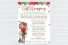 a christmas gift wrapping flyer with presents on it