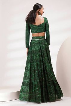 Green attached cancan lehenga with all over abstract prints. Paired with a padded, coordinating blouse and dupatta. - Aza Fashions Elegant Lehenga With Printed Motifs, Elegant Choli With Printed Motifs For Festive Occasions, Elegant Choli With Printed Motifs For Festive Season, Elegant Festive Choli With Printed Motifs, Bollywood Style Party Anarkali Set With Digital Print, Elegant Navratri Choli With Printed Motifs, Floor-length Printed Sets For Party, Floor-length Printed Party Sets, Anarkali Sharara With Digital Print For Party