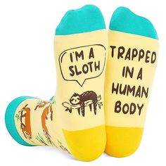 Sloth SocksOur socks feature adorable sloths hanging from tree branches and the funny sayings "I'M A SLOTH TRAPPED IN A HUMAN BODY" socks, perfect for sloth lovers who enjoy a slow and relaxing lifestyle.Size & PackageOur unisex design fits most men's US size 6-13 feet and most women's US size 7 and up. Each exclusive gift box contains one pairs of funny socks.Quality MaterialOur novelty socks are made of 80% Cotton, 15% Polyamide and 5% Elastan... Funny Letter Print Socks As Gift, Funny Letter Print Socks Gift, Jamaican Design, Relaxing Lifestyle, Sloth Socks, Animal Socks, Body Sock, A Sloth, Holiday Socks