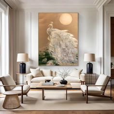 a living room filled with furniture and a painting on the wall