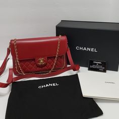 Chanel Red Quilted Lambskin Cc Unchained Clutch Gold Hardware, 2016-2017. Great Size For Day Or Night Featuring Chanel’s Iconic Quilted Leather Design And Chain Trim. Totally Unique! In New Condition. Comes With Chanel Authenticity Card, Box And No Dust Bag. This Bag Is Lined With Red Textile Material This Piece Was Featured During The Autumn 2017 Collection Includes Tag, Felt, Authenticity Card, Care Booklet, Dust Bag. No Box, Sorry Size: 10″ X 6.75″ X 1.5″ (Handle Drop 5″ 21″ ) I Have Two Of T Red Luxury Flap Bag For Formal Occasions, Luxury Red Flap Bag For Formal Occasions, Luxury Red Flap Bag, Luxury Red Flap Bag For Evening, Designer Red Flap Bag For Shopping, Designer Red Flap Bag For Evening, Luxury Red Flap Shoulder Bag, Luxury Red Shoulder Flap Bag, Red Textiles