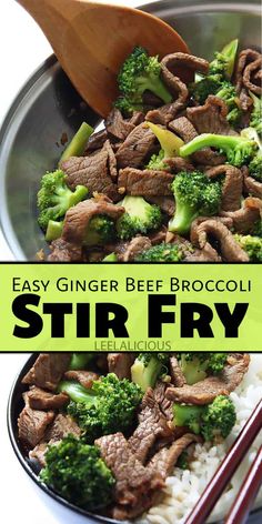 beef and broccoli stir fry in a pan with chopsticks on the side