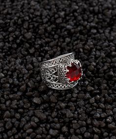 "Ruby Silver Gothic Victorian Bold Women Ring, 925 Sterling Red Quartz Gem Handmade Trendy Filigree Ring, Vintage Chunky Square Ring for Her Red cocktail ring, birthday gift her, goth girl ring, boho statement ring, july birthstone ring Material: 925 Sterling Silver (NICKEL FREE) Gemstone: Ruby Quartz 10 mm. Ruby is the July birthstone - and it's one of the most coveted of gems. The name is derived from the Latin word ruber, meaning \"red\" - the color of love and passion. The Ruby Silver Gothic Victorian Bold Women Ring is a stunning piece of jewelry that features a chunky square-shaped red quartz gemstone set in a 925 Sterling Silver filigree band. This handmade ring has a bold and unique design that combines Gothic and Victorian styles, making it perfect for women who want to make a sta Red Crystal Ring With Stone Setting For Anniversary, Red Open Ring Fine Jewelry, Classic Red Jewelry Ring, Red Sterling Silver Round Rings, Red Gemstone Open Ring, Red Ruby Open Ring Jewelry, Red Ruby Promise Ring With Stone Setting, Red Sterling Silver Crystal Ring, Red Sterling Silver Crystal Ring With Gemstone