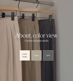 pants hanging on a rack with color swatches in the bottom right hand corner, below which is an image of gray and khakis