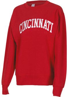 Make your way to the big game in this Cincinnati BearcatsWomens Red Sport Crew Sweatshirt! This Bearcats Long Sleeve Sweatshirt features a applique team name on center chest. Stay warm and comfortable with this Womens Cincinnati Bearcats Crew Sweatshirt. Cozy fleece fabric, Long sleeves, Waistband and sleeve cuffs, Full length, Finished seams, 4 Red Game Day Sweatshirt Fan Apparel, Red Fan Apparel Sweatshirt For Game Day, Red Varsity Tops For Fan Gear, University Red Cotton Sweatshirt For Game Day, University Red Varsity Top For Fall, Red Sweatshirt For Game Day, University Red Collegiate Tops For College, Collegiate University Red Sweatshirt For Game Day, Red Team Spirit Tops For College