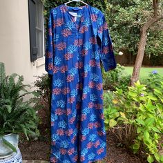 Beautiful Long Dress In Bright Coral Pattern. Light Cotton Easy To Wear. Blue Maxi Dress For Fall Vacation, Blue Fall Vacation Dress, Blue Cotton Maxi Dress For Vacation, Beautiful Long Dresses, Coral Pattern, Cotton Lights, Blue Orange, Long Dress, Colorful Dresses