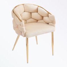 a white chair with wooden legs and a beige upholstered seat, on a white background