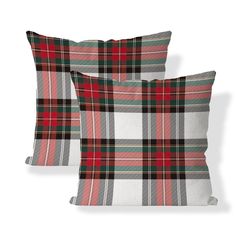 two red and green plaid pillows