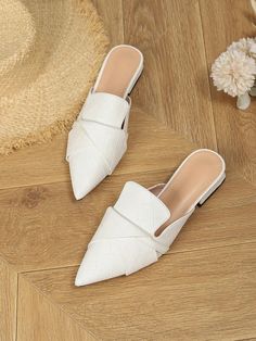 Summer Chic: Women's Soft Pointed Toe Slip-On Mules with Thick Heel White Flat Slip-ons For Summer, White Pointed Toe Slip-ons For Summer, Trendy White Slip-ons With Flat Heel, Trendy White Slip-ons For Spring, Elegant Round Toe Slip-ons For Summer, Chic Closed Toe Slip-ons For Summer, Comfortable Flat Heel Spring Heels, Spring Comfortable Flat Heels, Summer Slip-ons With Pointed Toe