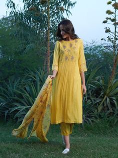 Blossom - Yellow Embroidered Yoke Cotton Silk Kurta Set (Set of 3) By Priti Prashant now available at Trendroots Floral Dupatta, Silk Kurta Set, Yellow Embroidery, Kurta Dress, Pants Fabric, Embroidered Pants, Silk Kurta, Body Measurement, Embroidery Floral