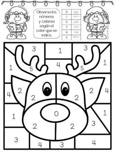 a coloring page with numbers and pictures to color for christmas, including an image of a reindeer