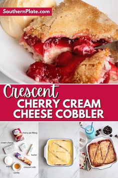 dessert cherry cream cobbler recipe with text overlay