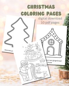 christmas coloring pages for adults and children to print on the table with a small tree