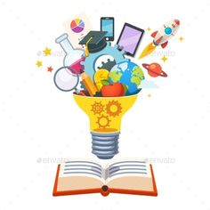 an open book with books and school supplies in the shape of a lightbulb