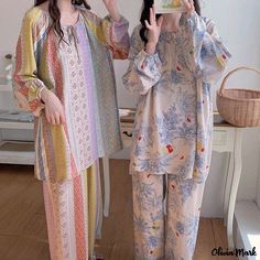 Olivia Mark - Monas Garden Lantern Sleeve Cotton Pajama Set with Long Pants and Long Sleeves for Home Garden Lantern, Cotton Pajama Set, Chiffon Tops Blouses, Plus Size Pajamas, Vellum Paper, Cotton Pajama Sets, Japanese Paper, Cotton Pyjamas, Pajama Set Women