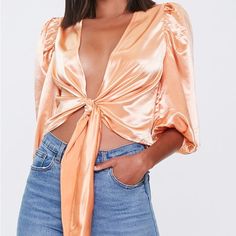 New With Tags Color Is Tangerine Trendy Blouse For Going Out In Spring, Glamorous Blouse For Date Night In Spring, Spring Crop Top For Going Out, Cropped Top For Going Out In Spring, Glamorous V-neck Crop Top For Spring, Chic Crop Top For Date Night In Spring, Forever 21 Crop Top For Night Out In Spring, Chic Cropped Blouse From Forever 21, Chic V-neck Crop Top Forever 21