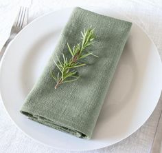 a white plate topped with a green napkin