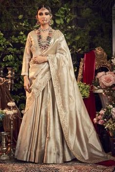 Shop for Ranian Beige Silk Tissue Lehenga Set for Women Online at Aza Fashions Silk Lehenga Banarasi, Sangeet Dress, Tissue Lehenga, Haldi Outfit, Embroidered Crop Tops, Beige Silk, Lehenga Blouse, Indian Dress, Embroidered Wedding