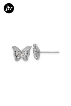 Rhodium over sterling silver polished butterfly stud earrings with cubic zirconia stones. Measures approximately 5/16"L x 7/16"W and have friction post and push back closure. Silver Cubic Zirconia Butterfly Earrings, Silver Butterfly Charm Earrings With Cubic Zirconia, Silver Cubic Zirconia Earrings With Butterfly Charm, Silver Butterfly Earrings Fine Jewelry, Silver Butterfly Fine Jewelry Earrings, Butterfly Stud Earrings, Butterfly Earrings Stud, Post Earrings, Cubic Zirconia