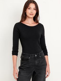 Double-Layer Scoop-Back Bodysuit | Old Navy Classic Long Sleeve Bodysuit For Work, Casual Long Sleeve Bodysuit With Thumbholes, Casual Bodysuit With Scoop Neck For Fall, Old Navy Business Casual, Casual Office Clothes, Women's Business Casual, Scoop Back Bodysuit, Office Clothes, Office Casual Outfit