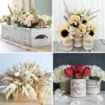 four different pictures of flowers in vases and boxes on a table with curtains behind them