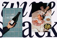 there is a collage of photos with food and wine on the table, including two hands holding a bottle of wine