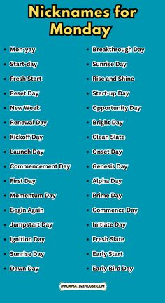 the words for monday are shown in different font styles and colors on a blue background