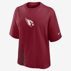 This Boxy T-Shirt helps you support the Arizona Cardinals with a bold look and large team details. Its soft cotton fabric helps deliver a comfortable feel on game day. Nike T-shirt For Football Season Game Day, Nike Short Sleeve T-shirt For Football Season, Nike Tops For Football Season Fan Merchandise, Nike Crew Neck Tops For Football Season, Nike Fan Apparel Tops For Football Season, Nike Tops With Letter Print For Football Season, Nike Tops With Graphic Print For Football Season, Nike Casual T-shirt For Fan Gear, Nike Casual T-shirt For Fans