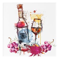 a watercolor painting of two wine glasses and a bottle with some grapes on it