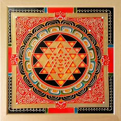 an intricately designed painting in red, yellow and black