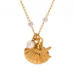 Waterproof Starfish Shell Necklace With Pearls Add a touch of oceanic elegance to your style with our Waterproof Starfish Shell Necklace With Pearls. This stunning necklace combines the beauty of starfish, shells, and pearls, perfect for any seaside adventure or everyday wear. Material: Alloy with Pearls Crafted from durable alloy and adorned with lustrous pearls, this necklace features a detailed starfish and shell design. Its waterproof nature ensures it withstands all your aquatic escapades, Beach Charm Necklace, Ariel Necklace, Ocean Theme Jewelry, Shell Beads Necklace, Necklace With Pearl, Seashell Pendants, Starfish Necklace, Ocean Jewelry, Seashell Necklace