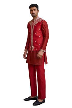 Red bundi with marodi, dori and zardosi embroidery. Paired with an embroidered kurta and pant. - Aza Fashions Traditional Red Bandhgala For Transitional Season, Traditional Fitted Red Bandhgala, Traditional Red Fitted Bandhgala, Red Fitted Traditional Bandhgala, Red Fitted Sherwani For Transitional Season, Red Bandhgala With Zari Work For Transitional Season, Traditional Red Bandhgala With Long Sleeves, Red Ceremonial Sherwani For Diwali, Red Bandhgala For Wedding And Festivals