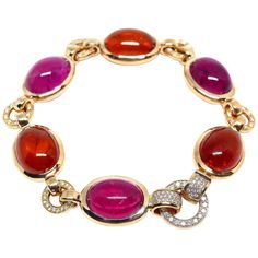 Thomas Leyser is renowned for his contemporary jewellery designs utilizing fine gemstones. This 18k red gold (38.26g) bracelet is set with 6x fine Rubelite & Mandarine Garnet Cabochons (oval, 16x12mm, 68.70ct) + 106x Diamonds (pavé, 1-1.5mm, G/VSI, 0.90ct) in clasp + ringlets. With extra safety mechanisme inside the clasp. Length: 19cm Mandarin Garnet, Diamond Red, Flexible Bracelet, Contemporary Jewelry Design, 18k Gold Bracelet, Lace Bracelet, Modern Bracelets, Gold Link Bracelet, Floral Bracelet