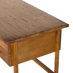 a wooden table with two drawers on one side and an open drawer on the other