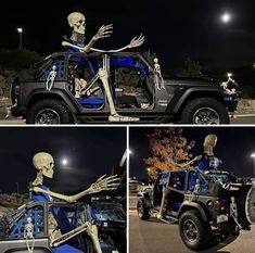 two pictures of a skeleton driving a jeep at night and in front of the car