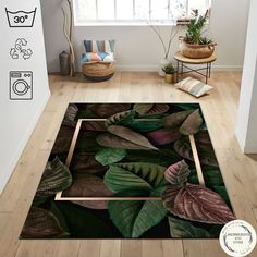 a living room area rug with green leaves on it