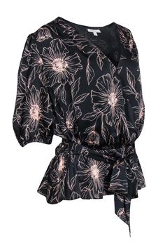 Liven up the office or take your lunch date up a notch with this Joie wrap top! Fun, flirty and fashionable, the black with blush crop sleeve top features an eye-catching floral print. Perfect for business meetings and meals alike, all that's missing is tailored black pants and a mule heel! Size L Shell 100% Polyester Lining 100% Polyester Fully lined Elastic waist Pullover Crop sleeves Waist sash Bust 64" Waist (un-stretched) 36" Shoulder to hem 24" Sleeve length 15.5" Chic Tops With Tie Waist And Surplice Neckline, Chic V-neck Top With Tie Waist, Chic Tie Waist Top For Night Out, Spring Evening Wrap Blouse, Chic V-neck Wrap Top For Brunch, Chic Wrap Top For Brunch, Spring Surplice Neckline Faux Wrap Top, Chic Surplice Neckline Tops For Brunch, Spring Party Blouse With Tie Waist