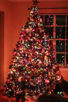 a brightly lit christmas tree in front of a window